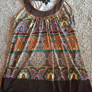Iz Byer Multicolor Boho Print Sleeveless Blouse with Brown Trim